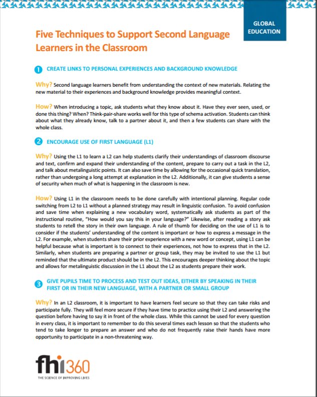 fhi360's tweet image. This guide steps through 5 recommended techniques for supporting second language learners. Read more: bit.ly/2pFXqRA #LocalLang