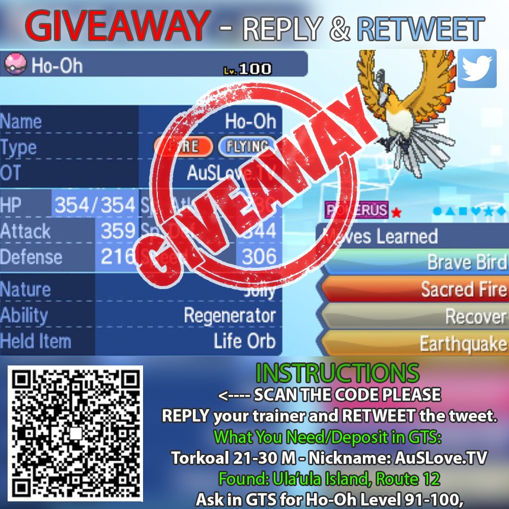 AuSLoveTwitch's tweet image. Shiny Ho-Oh Giveaway - RETWEET! &amp;lt;3 
For LIVE Trades/Battles Click: twitch.tv/auslove  
Please follow the instructions.😇