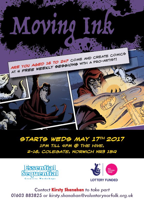 TalentNorwich's tweet photo. MOVING INK! Want to make your own comic book? Come along! You don't even have to be good at drawing. Wed 17 May @ The Hive! https://t.co/HuGCFm6fPi