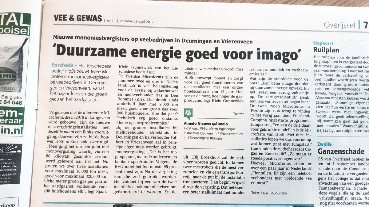 HoSt in landbouwvakblad Vee &amp; Gewas: 'Tientallen #Microferms in Nederland over een paar jaar'! #Biogas #Groengas → bit.ly/MicrofermsVG