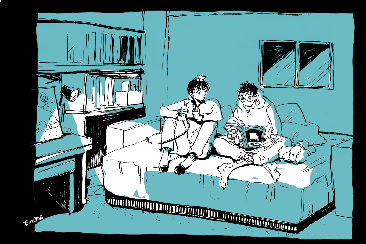 multiple boys 2boys book sitting bookshelf bed reading  illustration images