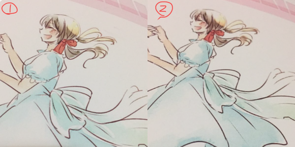 比較してみたらこんな感じ。①の方が色味が柔らかくて②は色が濃い目の印刷みたい。 