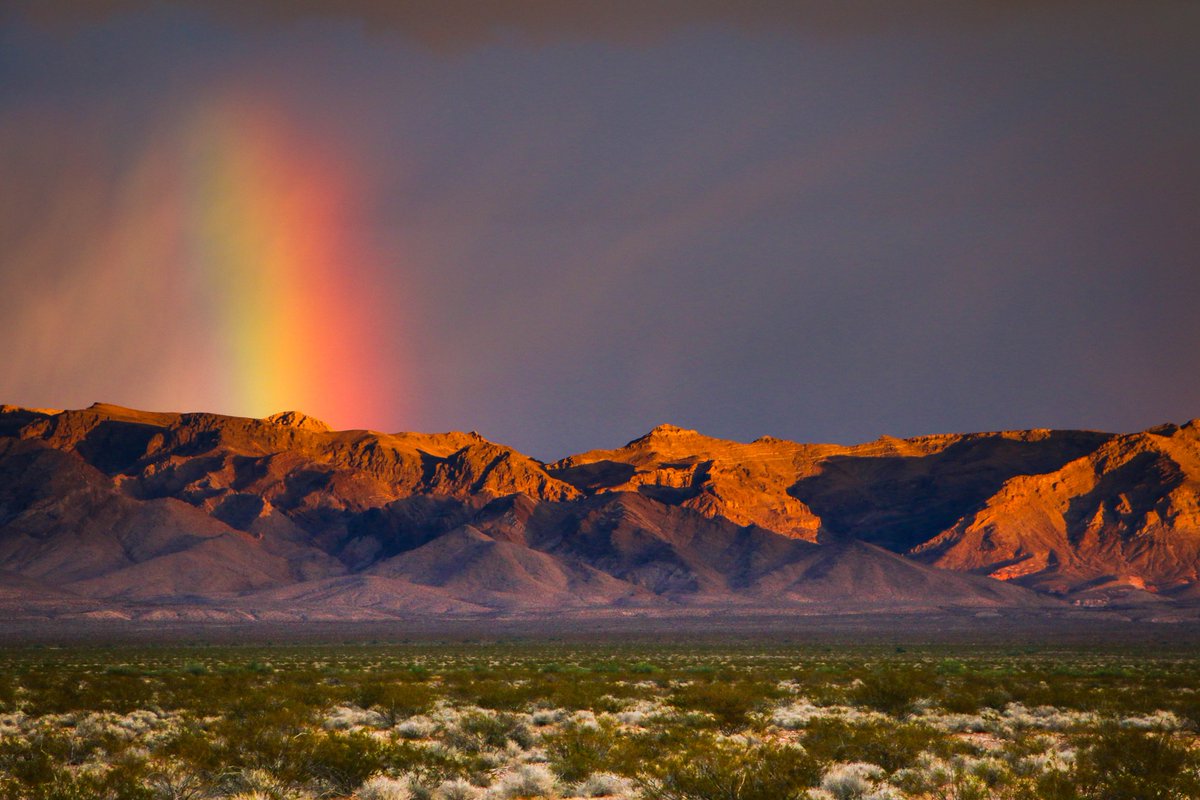 A small rainbow hovers above mountains on the edge of a desert plain spotted with small shrubs.
