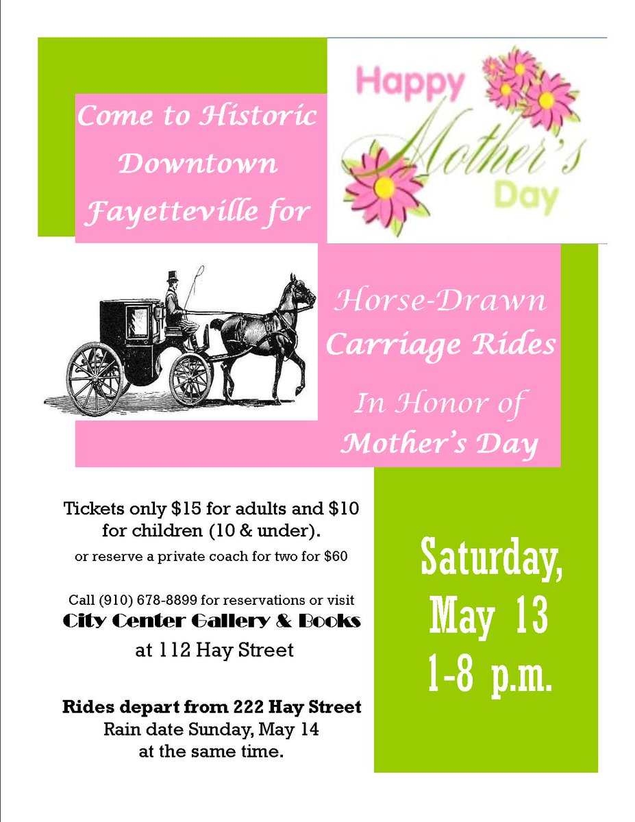Noticiasnc1's tweet image. ¡Mayo 13! Paseos en Carruajes en el Día de las Madres. 1:00pm en Downtown de  Fayetteville #fayetteville #downtownfay #downtown