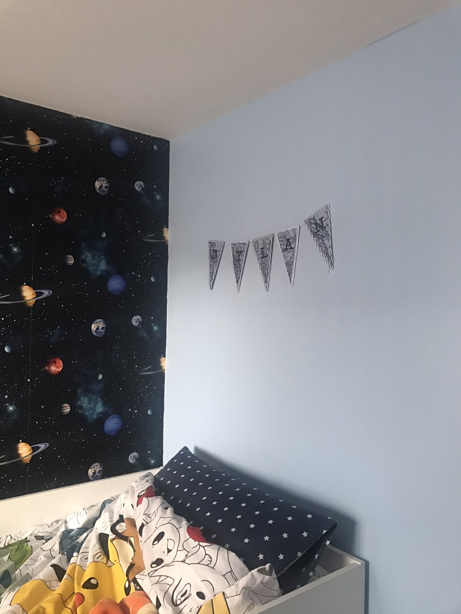 SmoothOperatio3's tweet image. Bunting made with the world globe backed with stipe great for personality in your room! This room is space/solar system