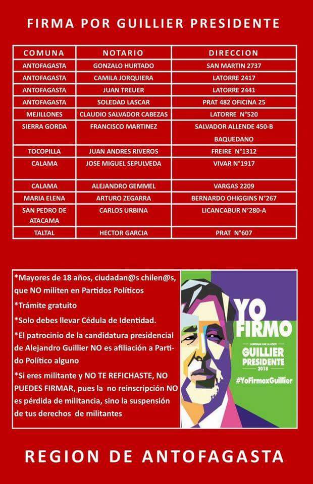 OposicionAntofa's tweet photo. Importante: Todas las Notarias de la región de #Antofagasta para firmar por Alejandro Guillier #YoFirmoxGuillier https://t.co/itSWB5VAGR