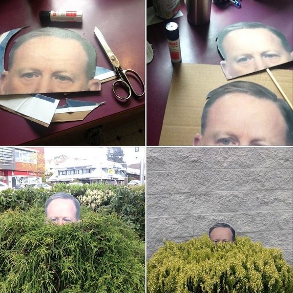 LawyerRogelio's tweet image. Some resistance member out there has made a cut out of Spicey's Head and is sticking it in random bushes.