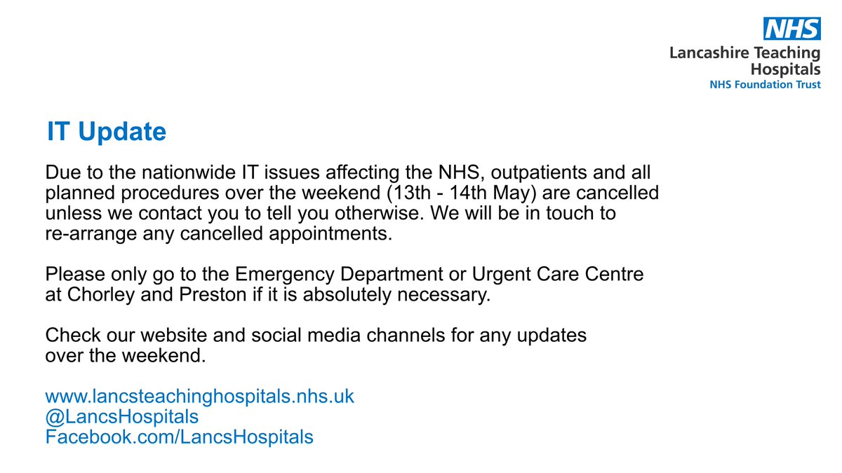 LancsHospitals's tweet photo. Please read the following important information for over the weekend regarding the nationwide IT issues https://t.co/i7ngyaGuYU https://t.co/BeLpM970lv