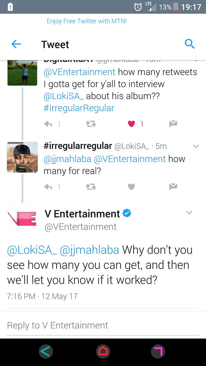 LokiTunez's tweet photo. Yo familia @VEntertainment put the onus on us to get as many retweets as possible for a interview 🙌🙌💯💯 #irregularregular durban lets!!!!! https://t.co/tHrDrLp3Tw