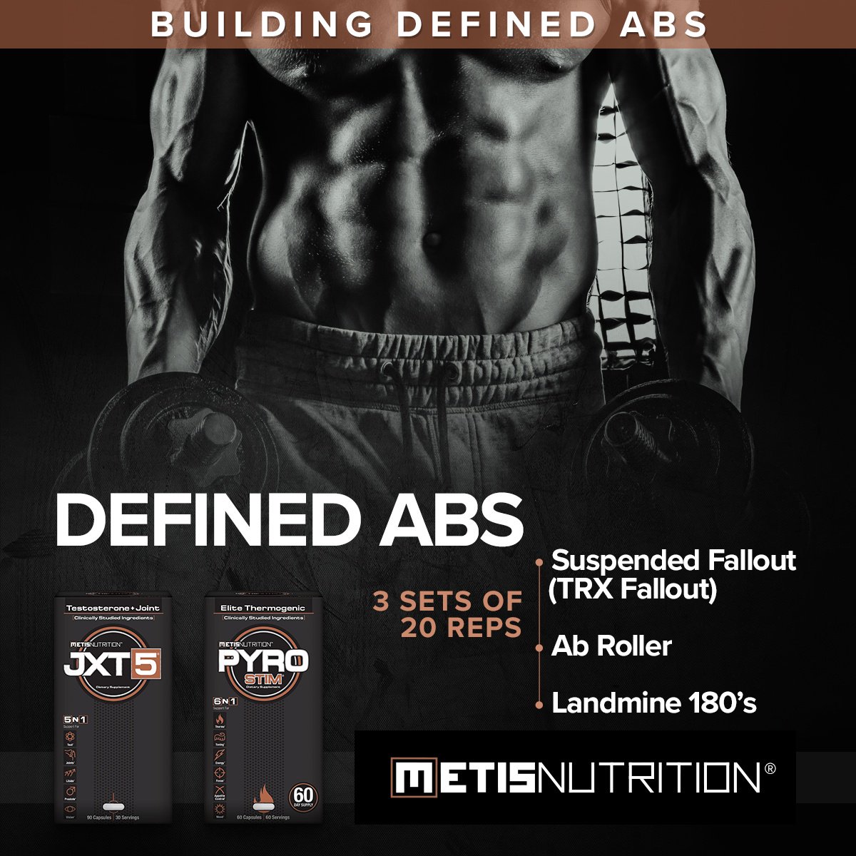 MetisNutrition's tweet photo. Working towards defined #abs? Let #jxt5 and #pyrostim fuel your shred.
#abs #workout #exercise #fitness #gym #flexfriday https://t.co/5jsPjG1jeH