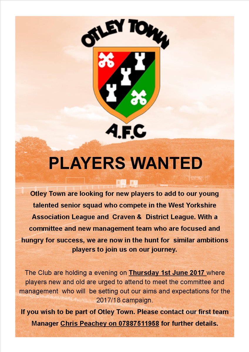 NEW OPEN AGE PLAYERS WANTED #Otley #Leeds @CravenFootball <a href="/WestRidingFA/">West Riding FA</a> <a href="/wharfeobserver/">Wharfedale Observer</a> <a href="/LeedsUniUnion/">Leeds University Union</a> @BeckettMFC <a href="/NonLeagueNorth/">Non League Yorkshire</a>
