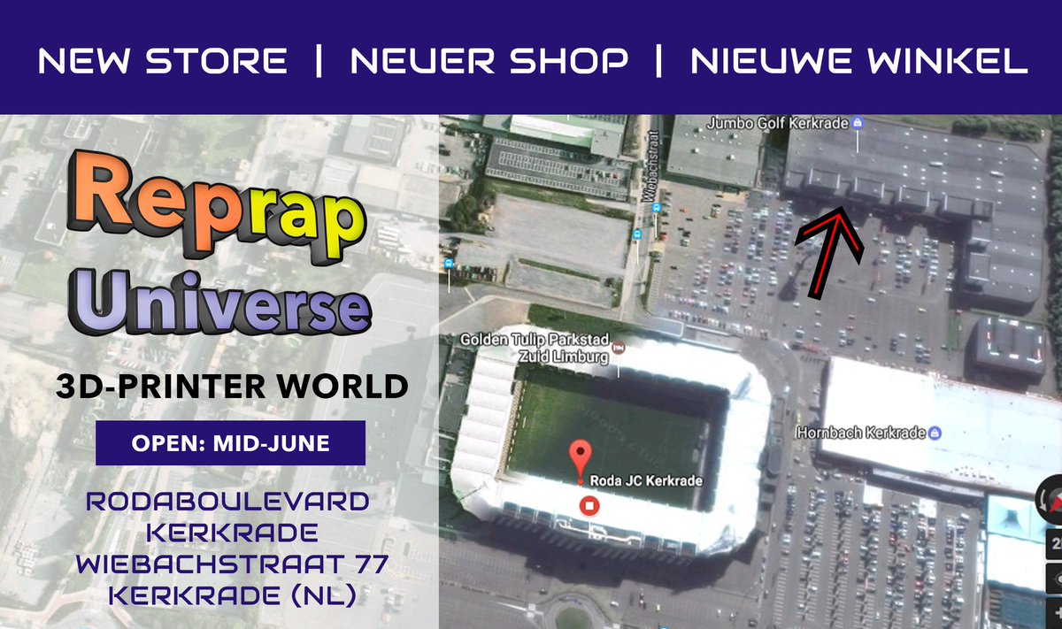 ReprapUniverse's tweet photo. We are excited to announce the new @ReprapUniverse 3D-Printer Store will open next month at #Rodaboulevard #Kerkrade https://t.co/baBxef85fL https://t.co/BXCD6lzwrS