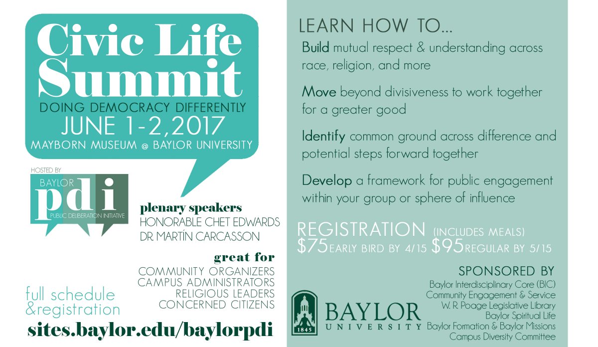 Join us at the Civic Life Summit! Register over the weekend before the price goes up! 
baylor.edu/mediacommunica…