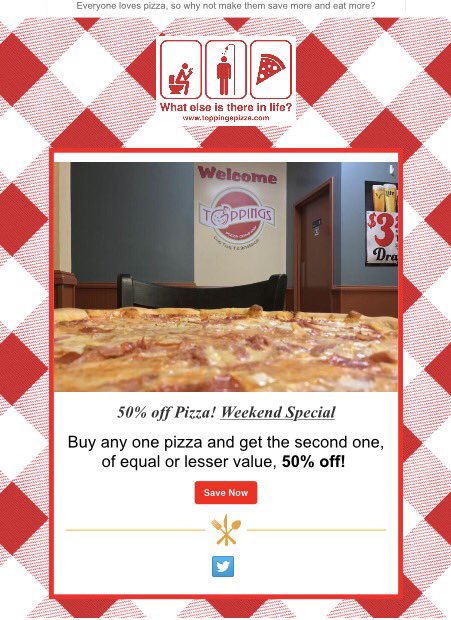 toppingspizza's tweet photo. Enjoy 50% off pizza this weekend! Join our mailing list https://t.co/6wnLcQ5YTG to keep updated on what's happening. https://t.co/wXttHLQ6pr