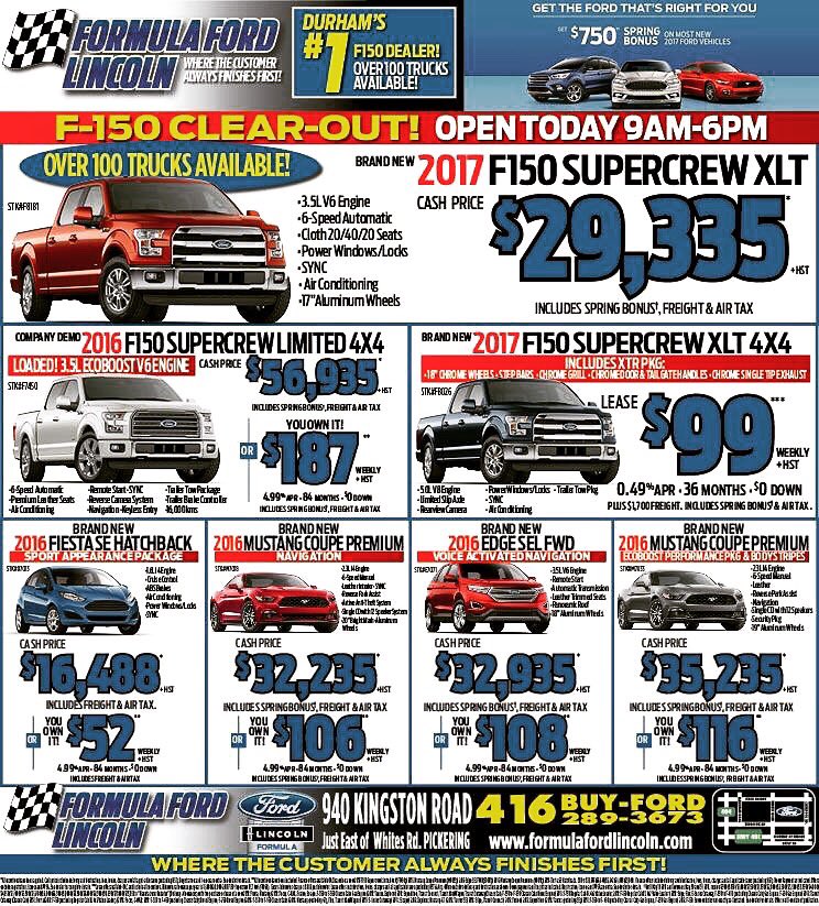 940FormulaFord's tweet photo. Drop by Formula Ford Lincoln Pickering tomorrow 9am-6pm to take advantage of our F-150 Clear Out and great deals on BRAND NEW 2017 inventory https://t.co/nplzKzFCGL