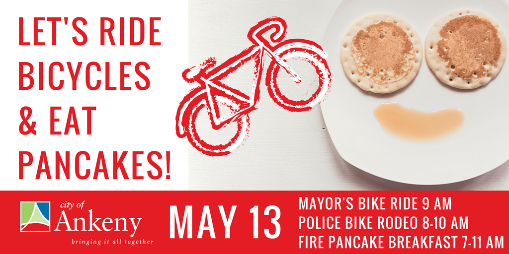 CityOfAnkeny's tweet photo. Who's in tomorrow? #Ankeny 
Mayor's Bike Ride 9AM
Police Bike Rodeo 8-10AM
Fire Assoc. Pancake Breakfast 7-11AM https://t.co/LgwKMH7Pwb https://t.co/SoiDSpUVsq