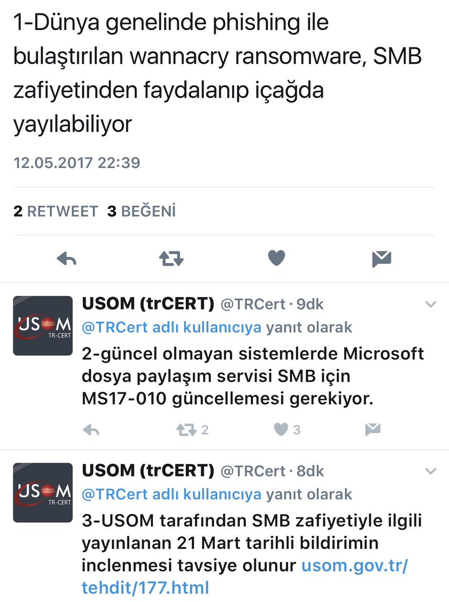 ofatihsayan's tweet photo. Dünyada yayılan Wcry zararlısından korunmak için Windows sistemleri ve antivirüsleri güncelleyin! Sisteminizi taratmayı ihmaletmeyin @TRCert https://t.co/jefZq47aUx