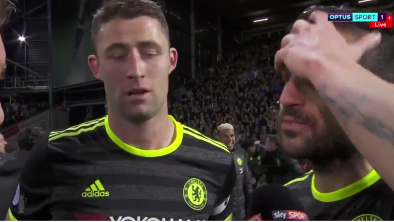 sportbible's tweet photo. WATCH: The moment Cesc Fabregas dropped the F word on live Tv. Cahill's reaction is priceless! 😂👏 https://t.co/EAEFow9aUT https://t.co/kAmcRXthJj
