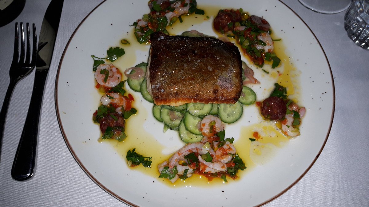 CantineBar's tweet image. Fantastic! Arctic Char with Shrimp, Cucumber and  Chorizo with Vinaigrette.