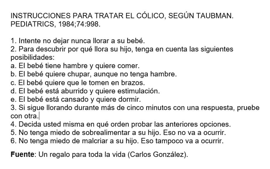 JulioBasulto_DN's tweet photo. Instrucciones para tratar el cólico infantil según Taubman (Pediatrics 1984:74:998). Fuente: #UnRegaloParaTodaLaVida (Carlos González). https://t.co/KwUU86F8Tz