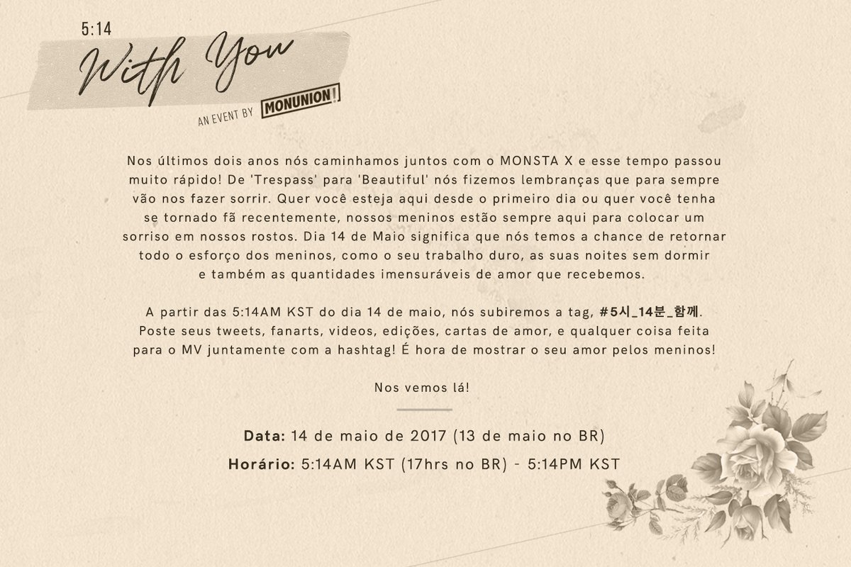 Monbebeviews's tweet photo. 📢[ PROJETO #5시_14분_함께 ] O Brasil não podia ficar de fora! Então peço que participem! Será um evento global. ~Sue 
cr;https://t.co/4cOXhTCdNK https://t.co/eEwoDdxcX9