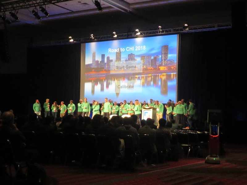 Anyone notice I did a quick switch from blue to green during the closing plenary? Robo co-chairing with <a href="/dr_carmster/">Dr. Carman Neustaedter (he/him/his)</a>  #chi2017 #chi2018