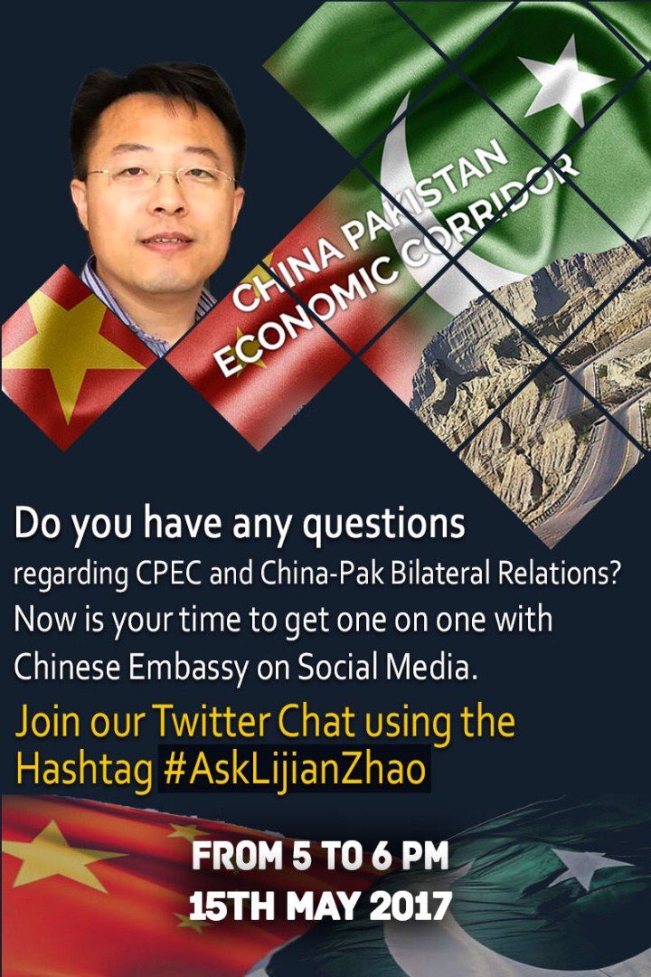 zlj517's tweet photo. "Seek Knowledge even if you have to go to China".Welcome to ask me for China &amp; CPEC on May 15. Lijian Zhao, DCM Chinese Embassy in Islamabad https://t.co/DfVXbfUW16