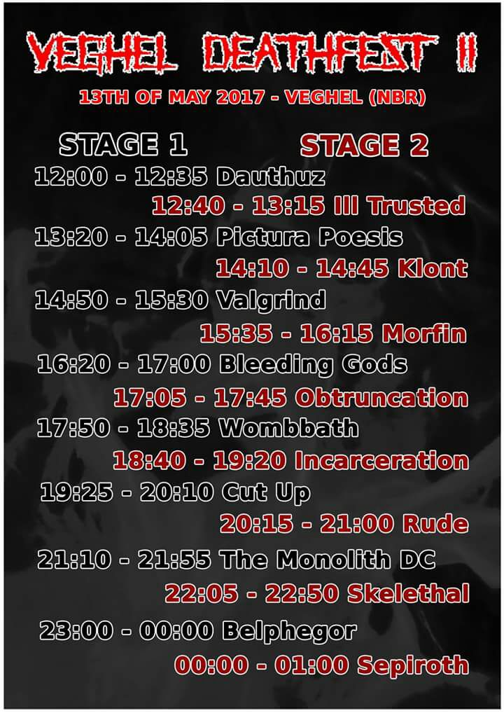 klontmetal's tweet photo. Timetable for today, 14.10 showtime! #grindcore #deathmetal #goregrind #veghel #vegheldeathfest #bethere #goeifisje #festival https://t.co/sTLD7SkHqB