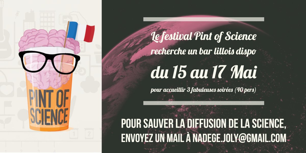 NadegeJoly's tweet image. Allo #Lille? On a un PB! Connaissez vous un bar qui accepterait d'accueillir @pintofscienceFR du 15 au 17 Mai? Pour la science, RT Please
