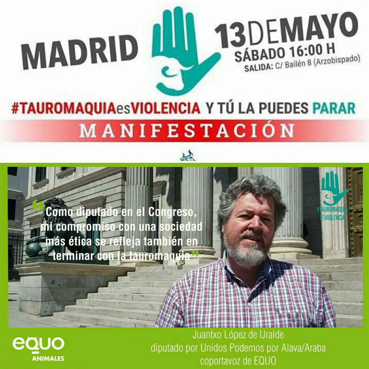 juralde's tweet photo. Hoy en Madrid a las 16,00 salimos a la calle #TauromaquiaEsViolencia #YoVoy13M https://t.co/snvoZseqCk