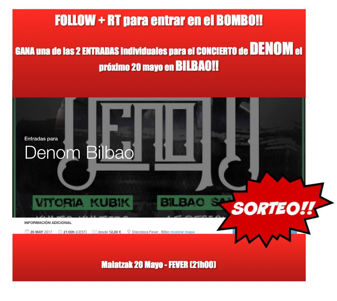 IndaGloryKultur's tweet photo. FOLLOW + RT -> #SORTEO ENTRADAS concert #Bilbo de DENOM + Agresion Verbal ‼️
👉🏻Prox. sabado 20M 
Sala Santana27 || 21h00 
@FeverClubBilbao https://t.co/wJ64tKNbID