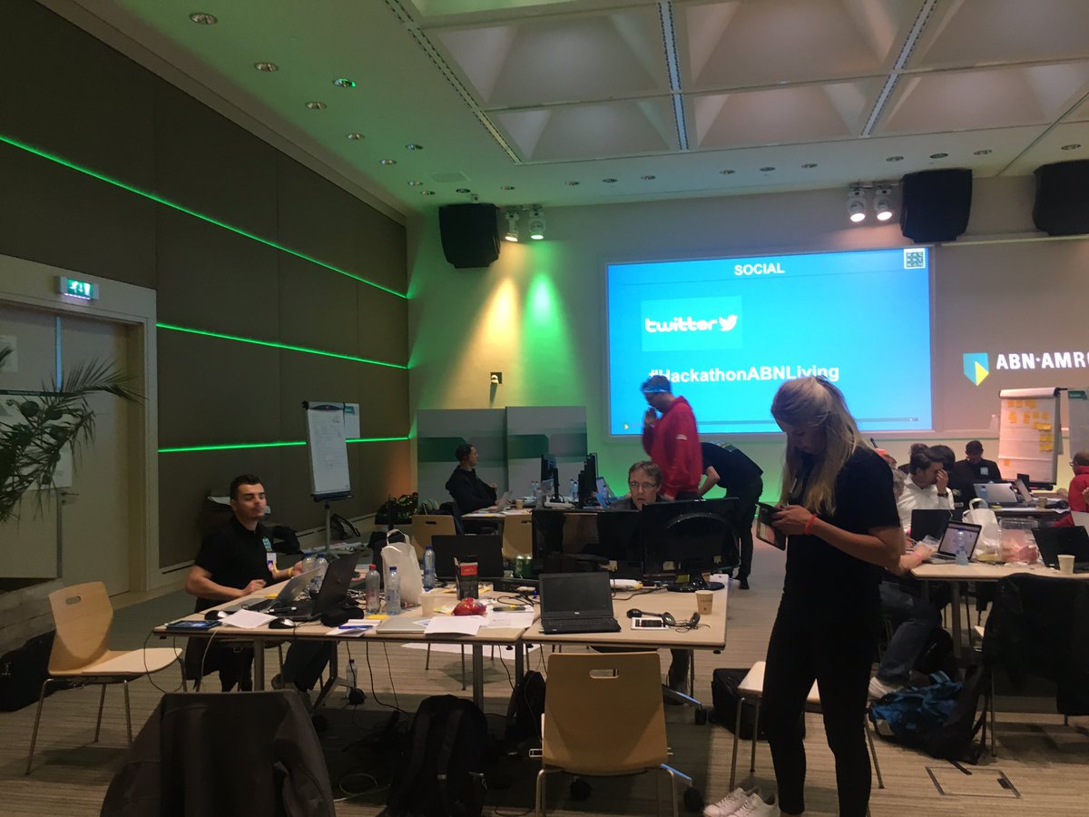 MarijeF's tweet photo. Good luck to all the teams !! Pitch perfect! #HackathonABNLiving and special thx @HansB001 @EdCig001 @IBMakken @J_vd_Ploeg thumbs up #ibm https://t.co/OCK4dHsCAN