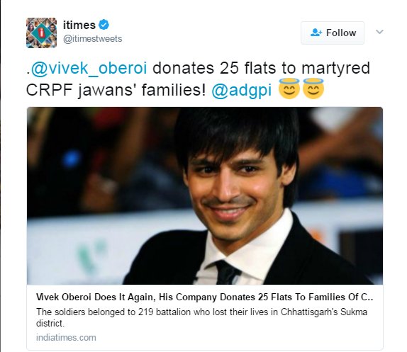 SirJadeja's tweet photo. Vivek Oberoi Donates 25 Flats To Martyred #CRPF Jawan's Families.

Salute &amp; Respect For Such A Noble Gesture. Others Must Also Come Forward. https://t.co/bqhswqCFco