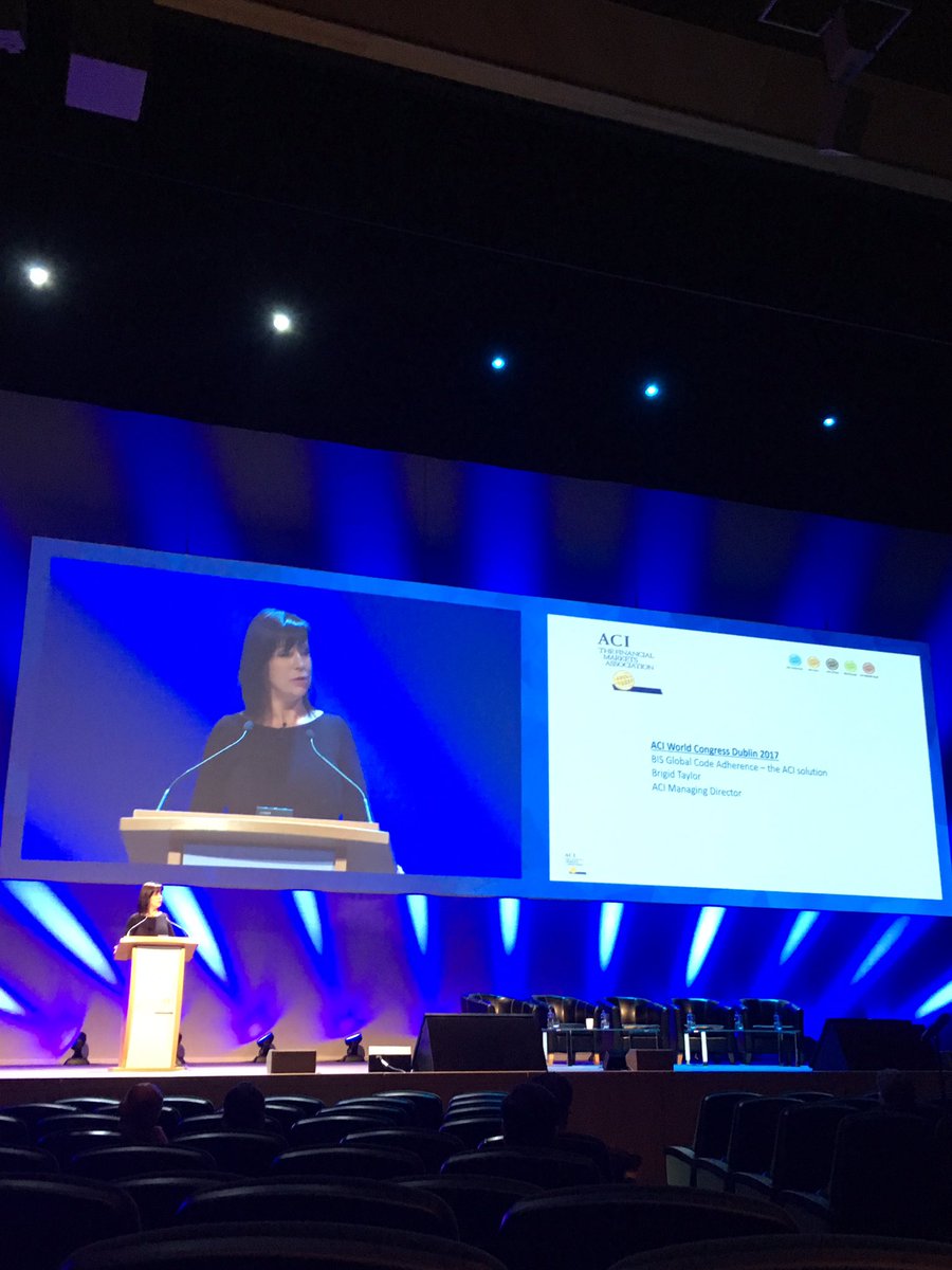 ACI_Dublin2017's tweet photo. Brigid Taylor, Managing Director of ACIFMA, on stage now speaking about BIS Global Code adherence #acidublin2017 https://t.co/oVPfgro9VB
