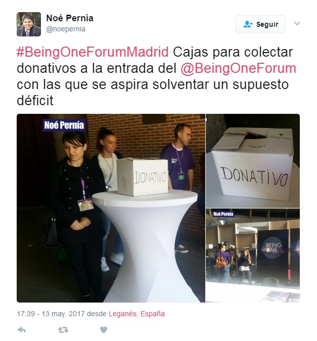 BeingOneForumMadrid Cajas para colectar donativos a la entrada del BeingOneForum con las que se aspira solventar un supuesto déficit