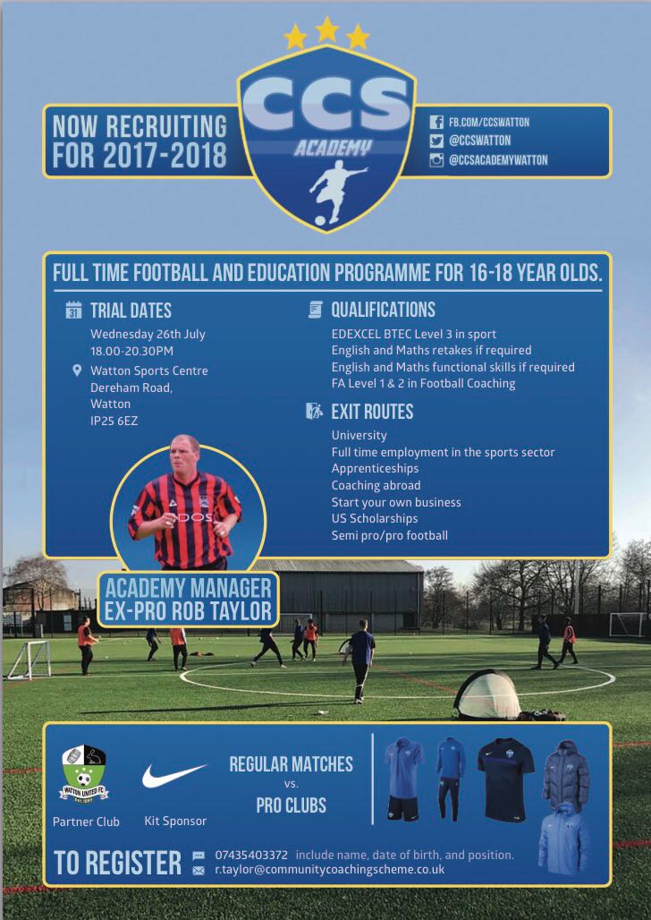 CCSWatton's tweet image. CCS Academy WattonExit routes in to professional football. Join our 2 YEAR FULL TIME NEW FOOTBALL AND EDUCATION PROGRAMME starts SEPT 2017.
