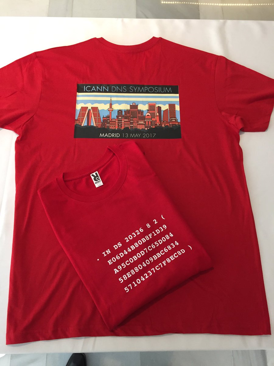 MattPounsett's tweet photo. T-shirt from @ICANN's #DNSSymposium has the DS record for KSK-2017 due to be published October 11 2017. It's accurate! https://t.co/LCdKKEGFDJ