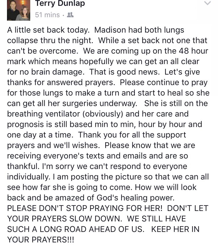 ryanyamin's tweet photo. Another update on Madison. Pray for her lungs so the dr's can perform surgery. https://t.co/wbthjAeVs3