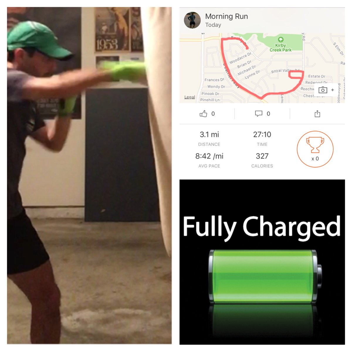 When_I_Awake's tweet photo. 40 minutes on the heavy bag, then a 3 mile run. Ready for the day! 🌱🏃👊 #vegan #runner #kickboxing https://t.co/t5CnY5tozA