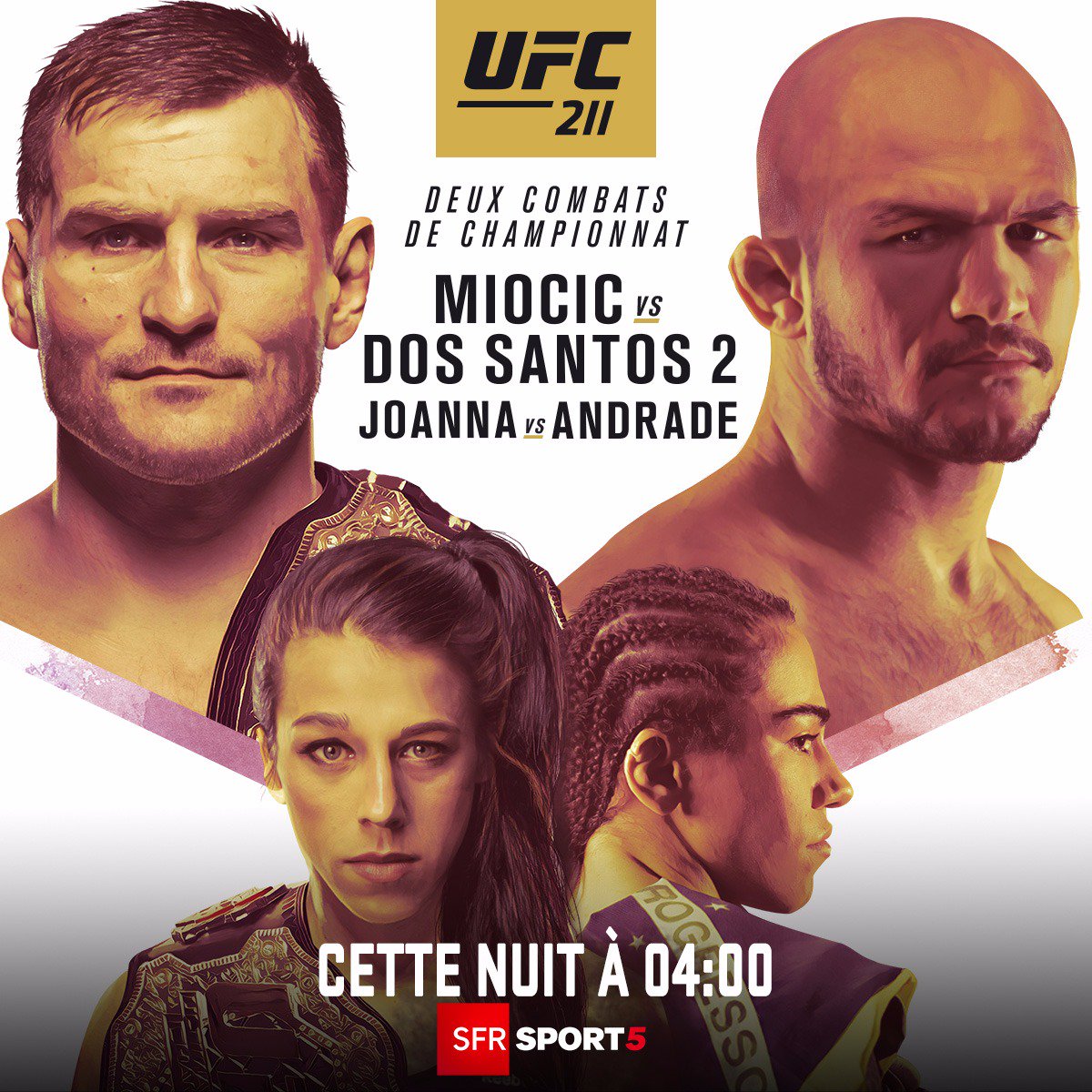 RMCSportCombat's tweet photo. 📢 #UFC211 : Deux ceintures UFC sont en jeu cette nuit à 4h en direct sur @SFR_Sport 5 ! Miocic vs Dos Santos ➕ Jedrzejczyk vs Andrade 👊 https://t.co/hPYUmHDciF