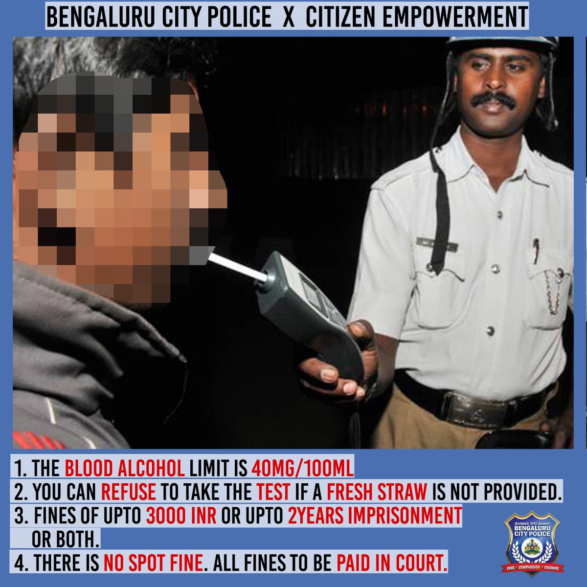 BlrCityPolice's tweet photo. This post does not suggest you DUI but to educate about correct legal procedures. If you Ignore &amp; DUI, we'll brief you in person, again :) https://t.co/3naDsih1nA