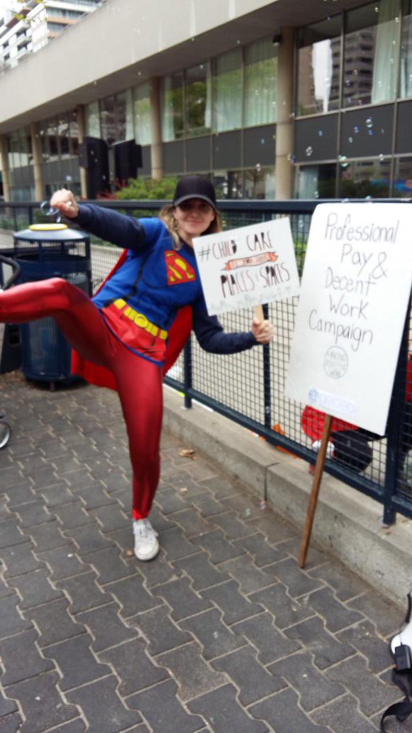 AECEO's tweet photo. Super girl is at the stroller brigade. #SB4CC #DecentWork #childcarecantwait https://t.co/8rHxxS0U9P