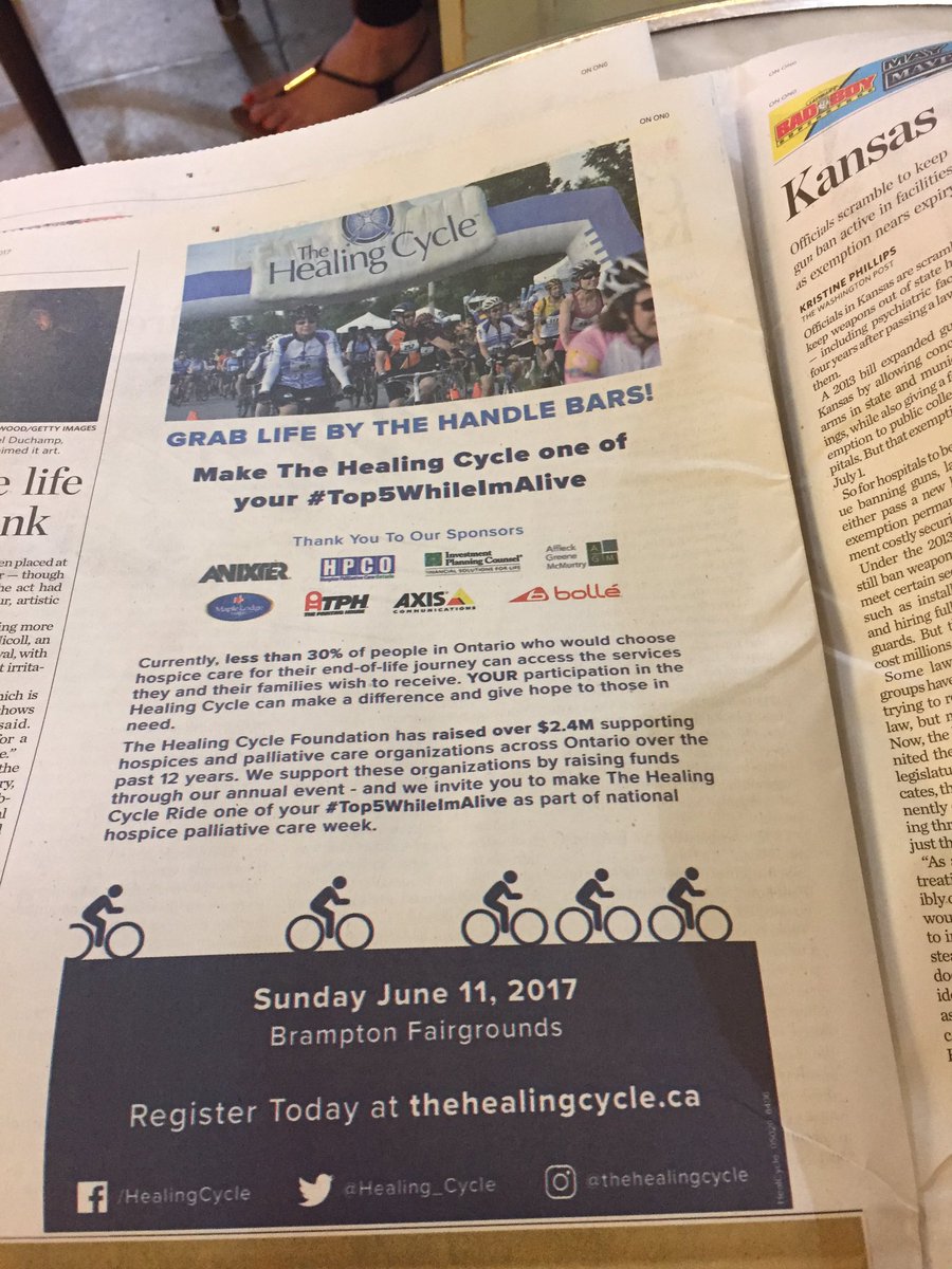 hospicesauga's tweet photo. Kudos to @Healing_Cycle for their ad in the @TorontoStar - hope you'll join this ride & support your local #hospice! #Top5WhileImAlive https://t.co/3YXCYbRs6u