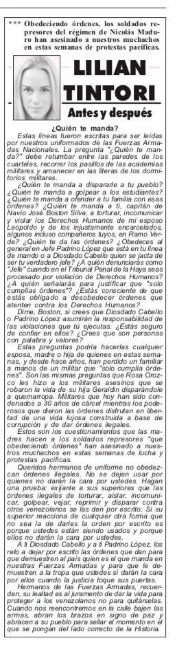 sebastianpinera's tweet photo. La violencia está desatada en la #Venezuela del dictador Maduro. @liliantintori hace reflexionar a todos los cómplices de esta tragedia. https://t.co/O3eW7Rf6C8