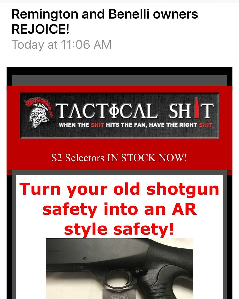 S2USASafety's tweet photo. @TacticalSHT thank you for your support. #ar15 STYLE #selectorswitchsafety for @Benelli_USA and @RemingtonArms #Shotguns https://t.co/ZctIwnLC8P