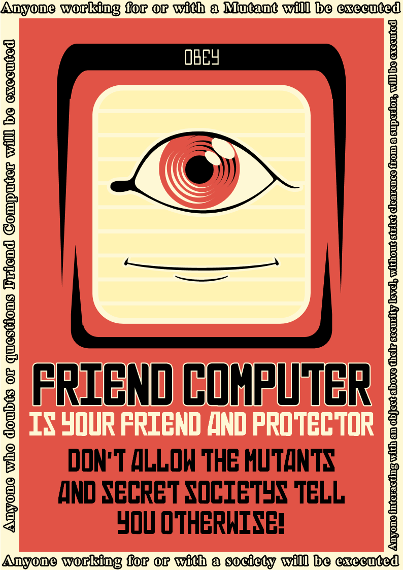 Hyper_RPG's tweet photo. Friend Computer welcomes you to #Paranoia at noon Pacific. Happiness is mandatory- bring a smile to the #TrollAThon! https://t.co/29TxFIstAn https://t.co/OMHCOgjufr