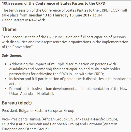FORUM POST: 10th session of the Conference of States Parties to the CRPD taking place 13-15 June 2017 <a href="/UN/">United Nations</a> in NYC! bit.ly/2qd5p9N