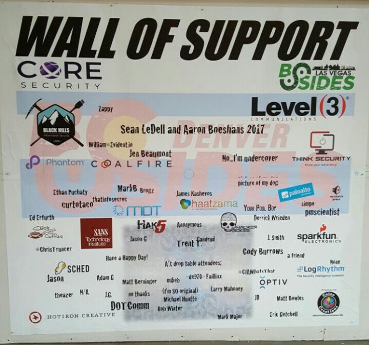 BSidesDEN's tweet photo. Because it takes a village to throw a community event, it takes a Wall of Support to thank everyone. Our Sponsors and Donors! #BSidesDEN https://t.co/xepoK3ujnN