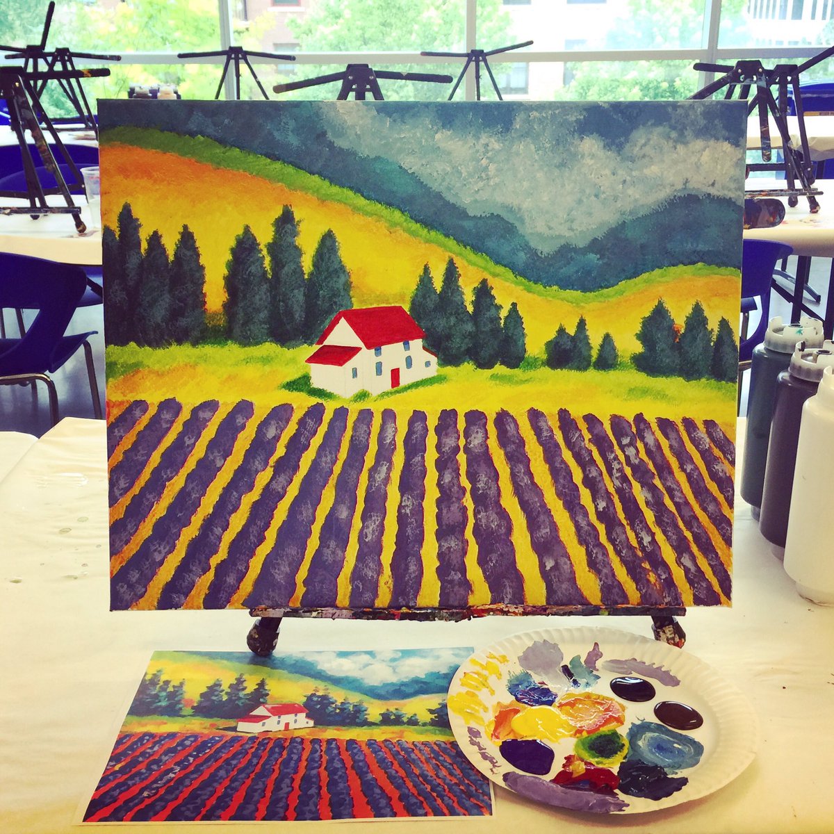 VnikkiR's tweet photo. Let's just put a happy little tree right here 🎨 @VisArtsCenter #visarts #cocktailsandcanvas #lavenderfields #painting #art https://t.co/FwKvMgC2Xs
