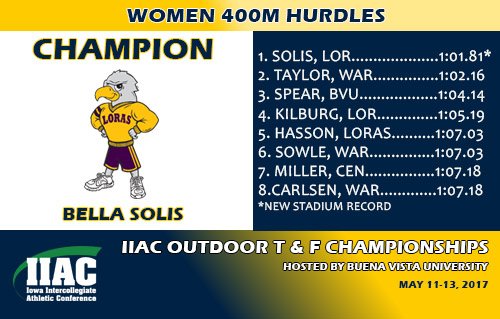 IIAC_Track's tweet photo. @LorasAthletics Bella Solis is your 400m hurdle champ with a stadium record time and just missing the championship time of 1:01.14. https://t.co/0io7dD7szp